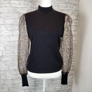 Sioni Milano Sweater Puff Sleeve Leopard Print Sheer Mesh Mock Neck Black M